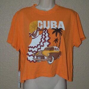 NWT $115 Sz XS ASKK NY Orange CUBA Cropped Short Sleeve T-Shirt Tee